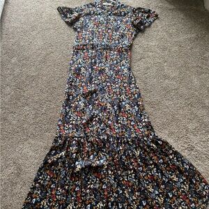 Floral Navy Maxi Dress with Ruffle Hem and Flutter sleeves